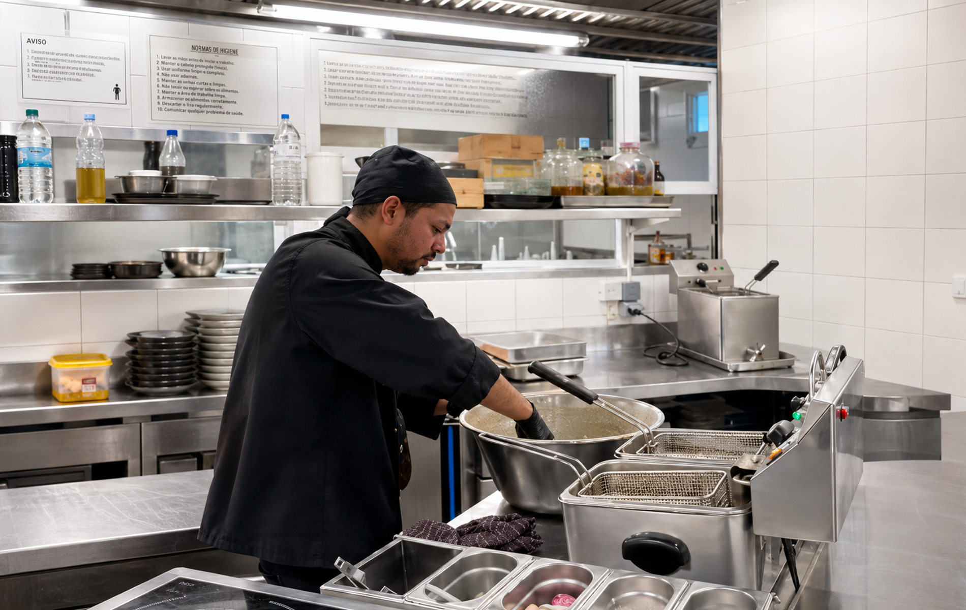 cozinha industrial licenciada, normas HACCP rigorosas, segurança alimentar catering, instalações em aço inox, higiene na restauração, preparação de alimentos segura, cozinha profissional certificada, manipuladores de alimentos fardados, boas práticas de fabrico, rastreabilidade alimentar, catering certificado, organização de cozinhas profissionais, desinfeção e limpeza industrial, processos culinários rigorosos, confecção em ambiente controlado, auditoria alimentar, controlo de qualidade catering, equipamentos industriais hotelaria, bancadas esterilizadas, equipa técnica de cozinha